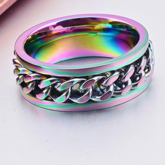 Rainbow multicolor Stainless steel rotating fidget spinner ring - Picture 4 of 6